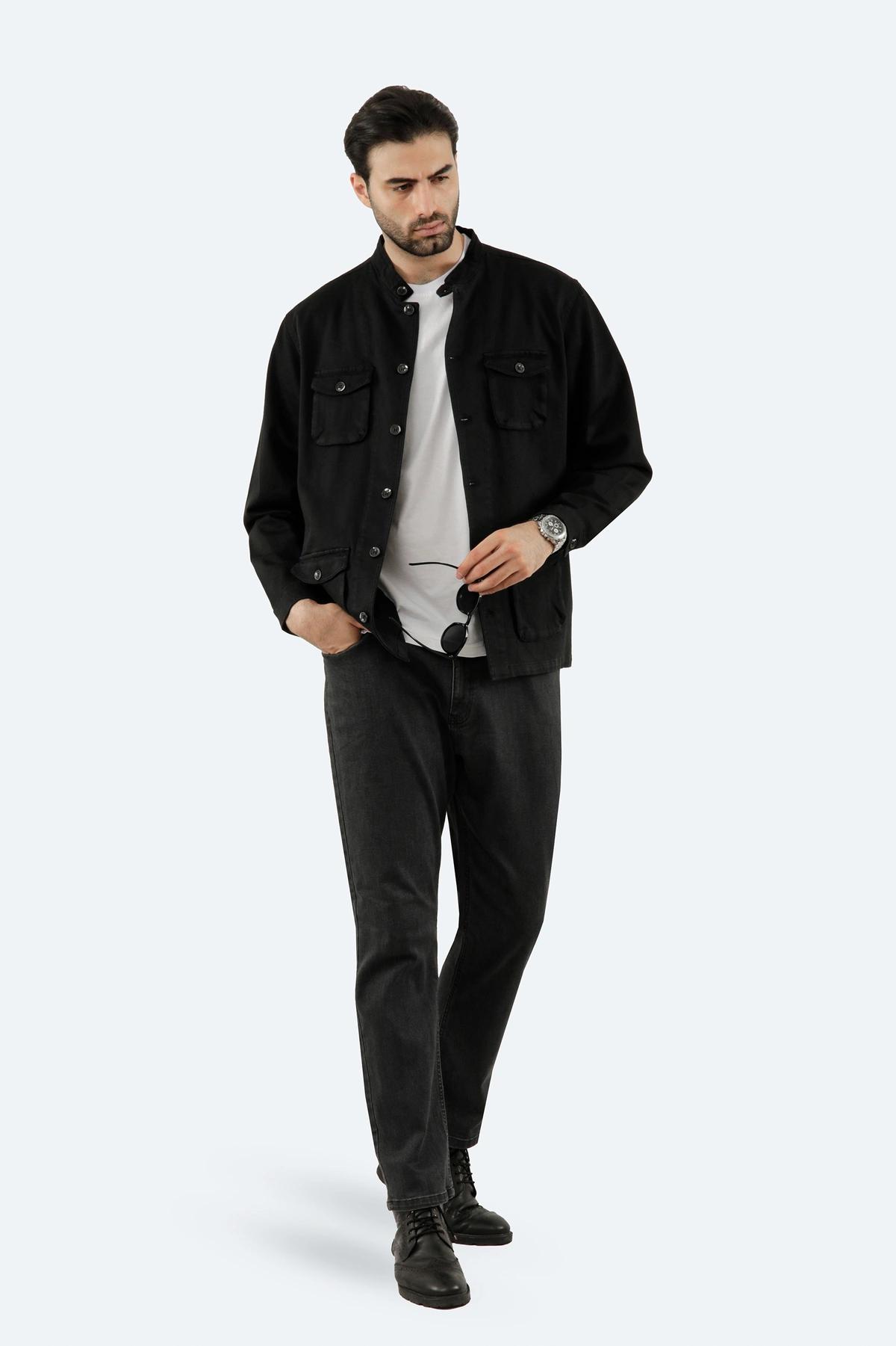 کاپشن کتان رنگ مشکی دارای چهار جیب در دار دکمه دار، کاپشن با استایل معمولی رنگ سرمه ای. 