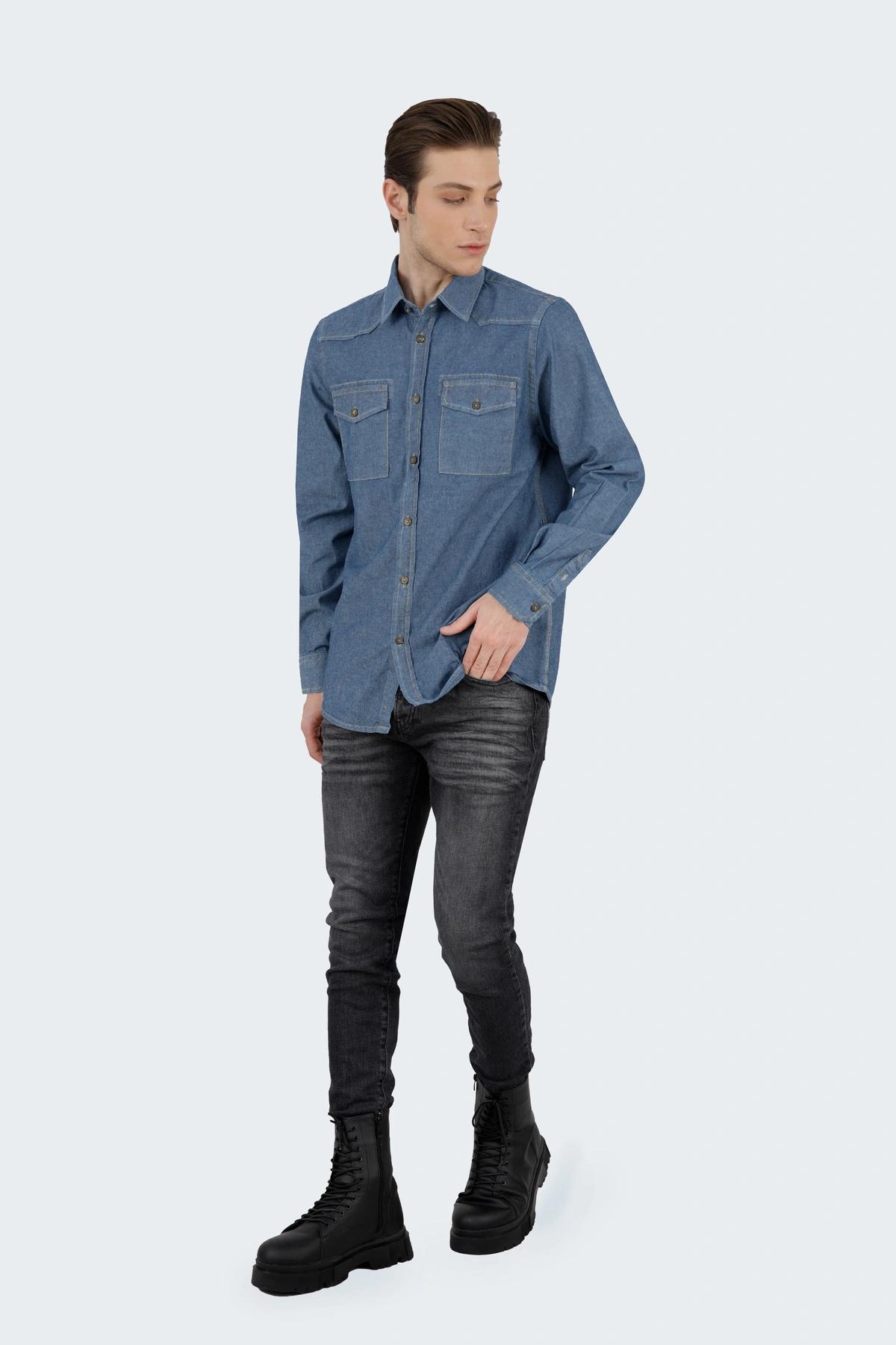 پیراهن آستین بلند مردانه جین ، دو جیب در دار ، رنگ جین روشن ، خرید آنلاین پیراهن مردانه با ارسال رای