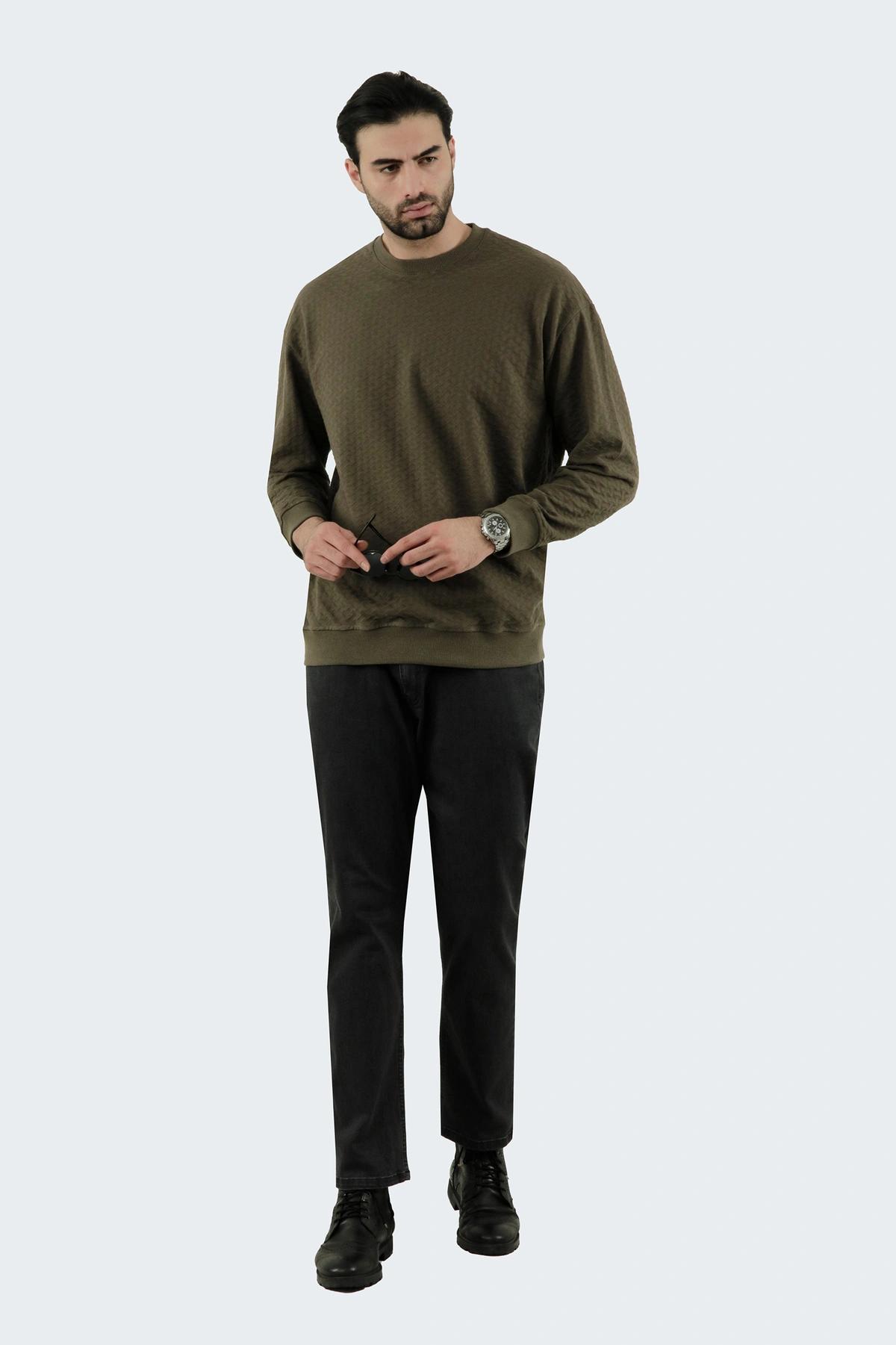 تیشرت ژاکارد آستین بلند مردانه رنگ سبز تیره طرح دار، تی شرت یقه گرد آستین دار پاییزه زمستان گرم.