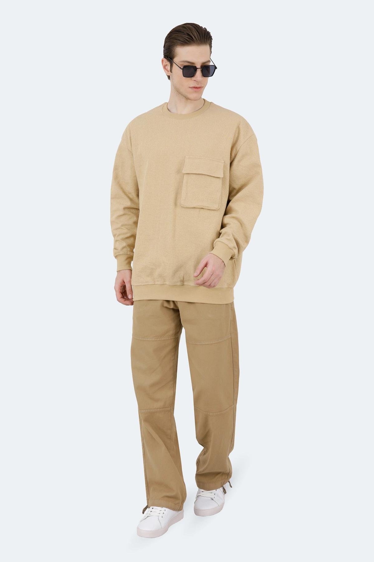 تیشرت ژاکارد آستین بلند مردانه رنگ کرم طرح مستطیل، تی شرت یقه گرد آستین دار پاییزه زمستان گرم.