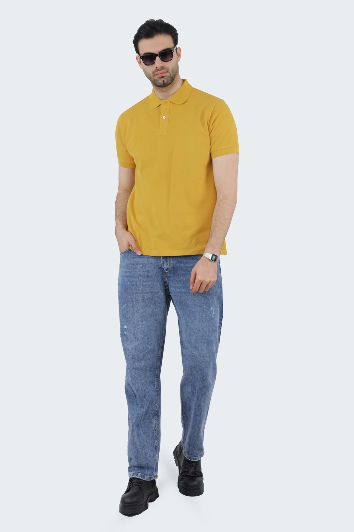 خرید پولوشرت آستین کوتاه مردانه رنگ خردلی یقه برگردان ، ارسال سریع و رایگان.