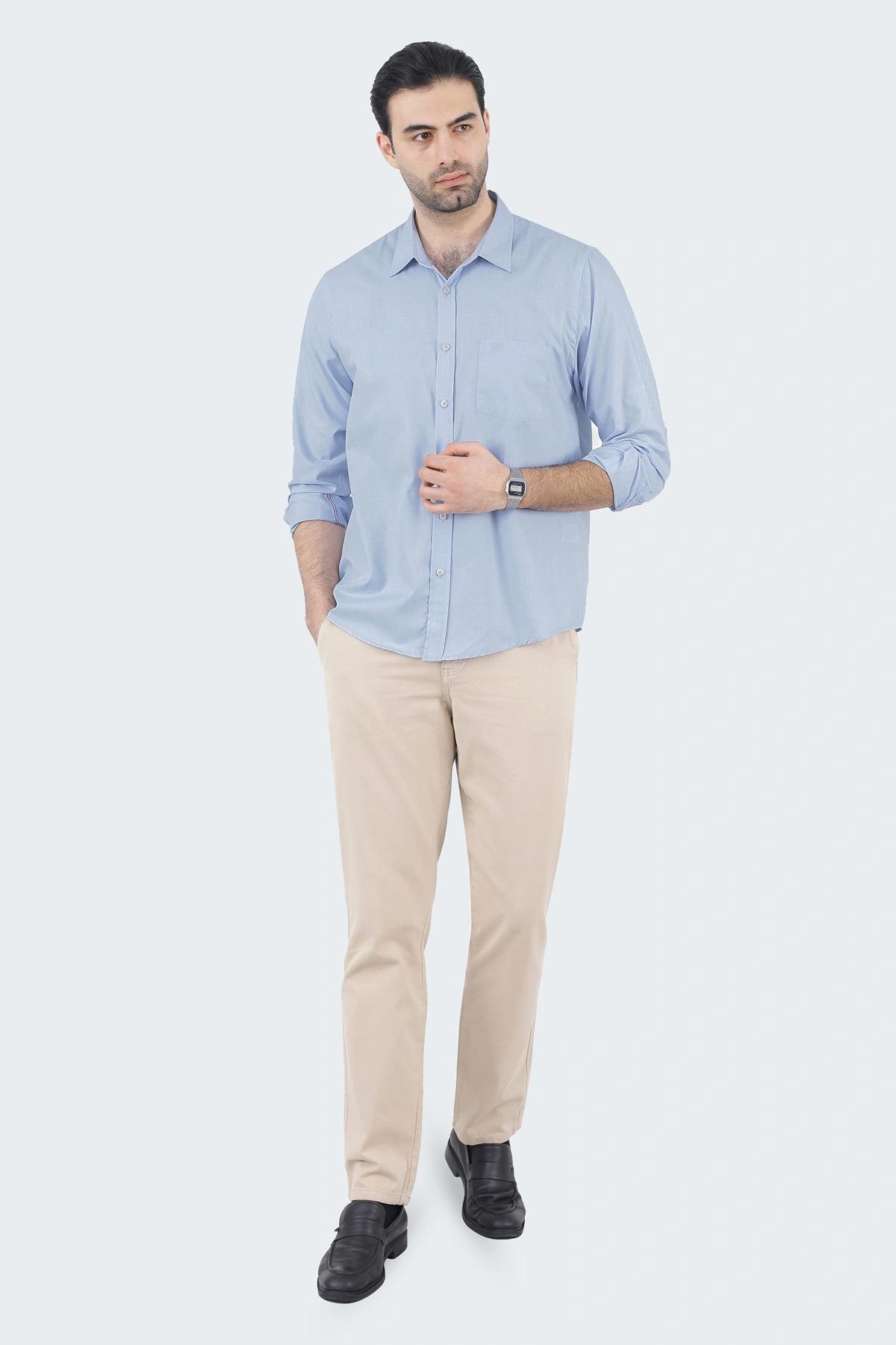 خرید پیراهن آستین بلند مردانه ساده اداری رسمی آبی روشن، پیراهن مردونه ، یقه برگردان دکمه دار