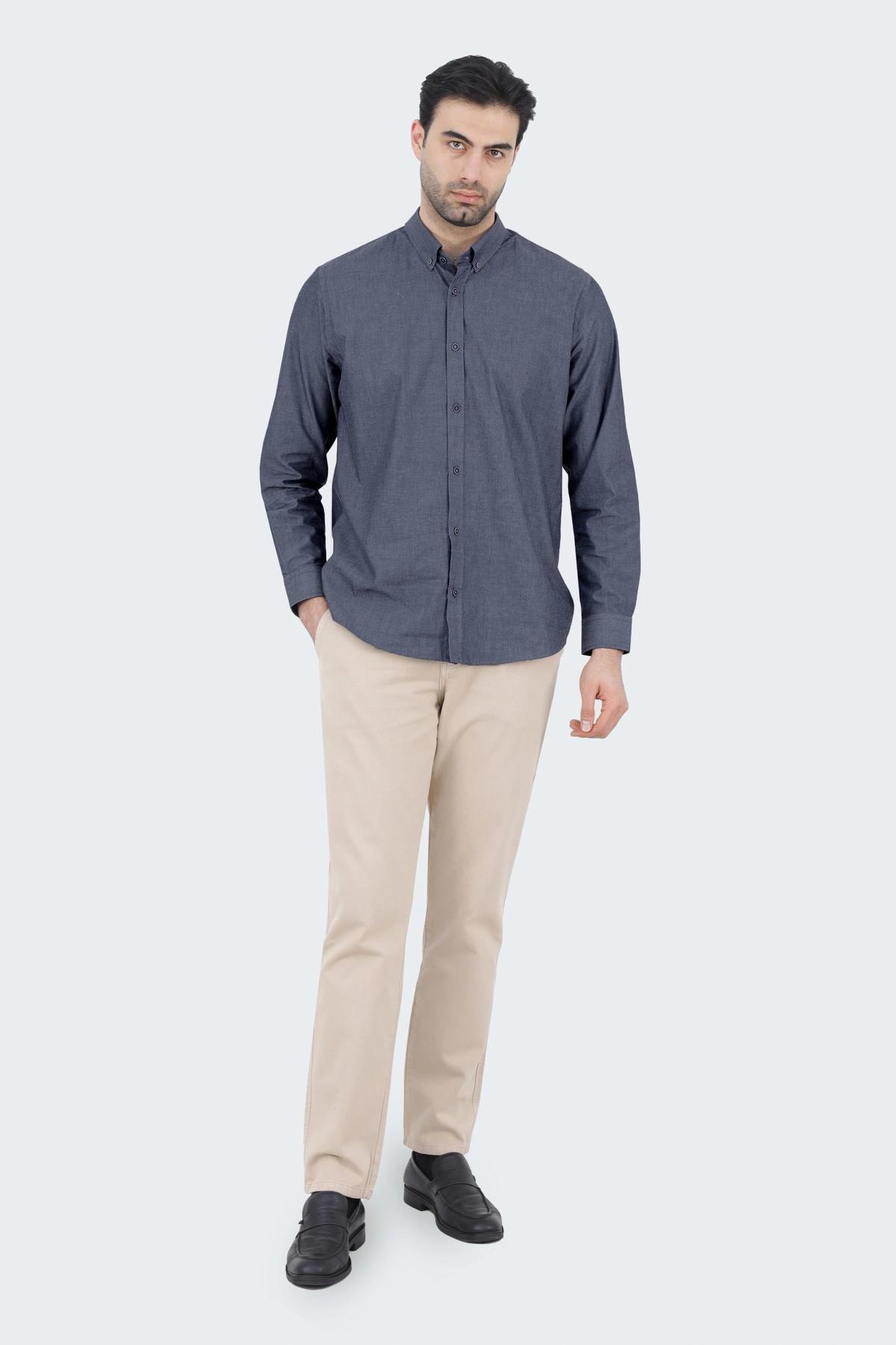 خرید پیراهن آستین بلند مردانه ساده اسپرت ، پیراهن نخی، یقه برگردان دکمه دار بدون جیب.