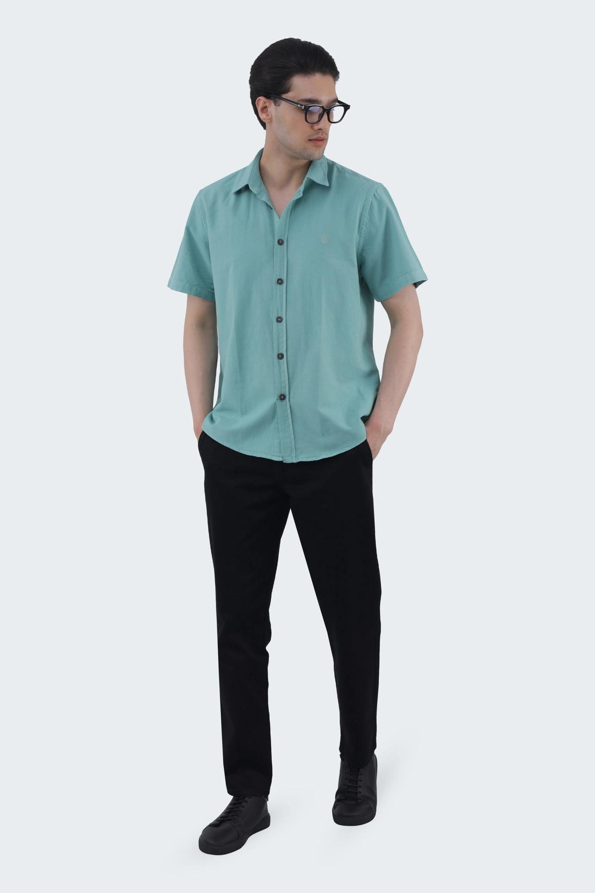 پیراهن آستین کوتاه مردانه یقه برگردان ، پیراهن رگولار سبز لینن ارسال سریع و رایگان.