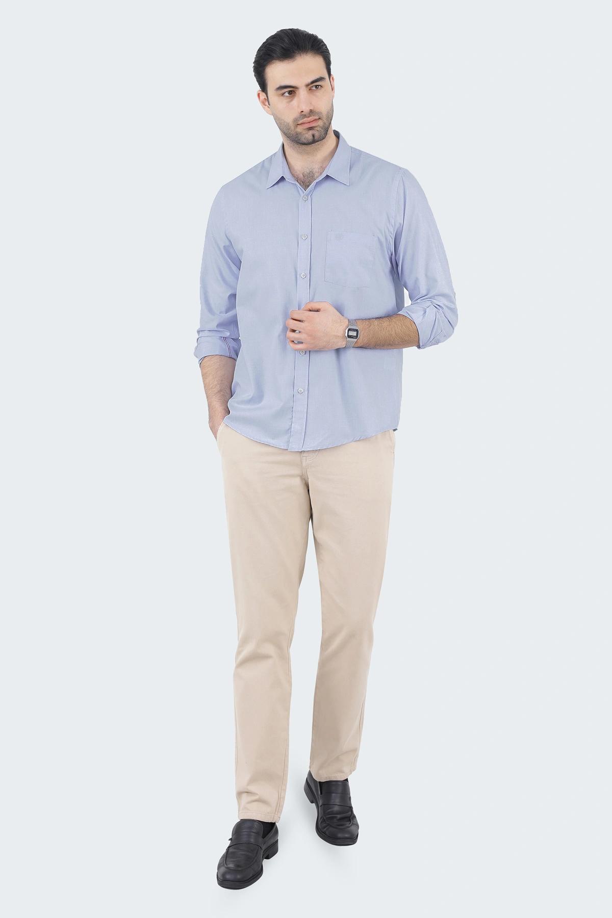 خرید پیراهن آستین بلند مردانه ساده اداری رسمی آبی روشن، پیراهن مردونه ، یقه برگردان دکمه دار