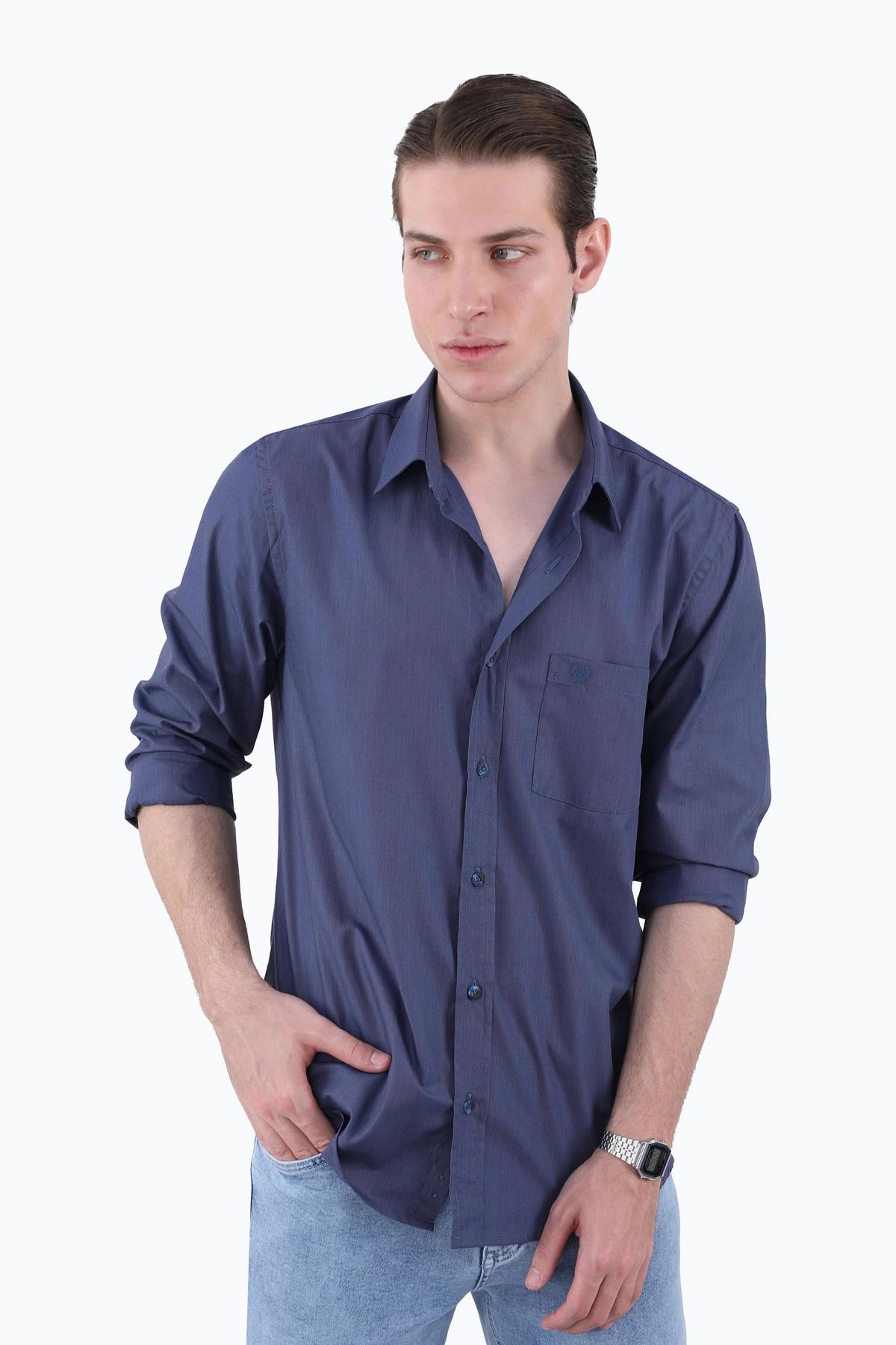 پیراهن آستین بلند مردانه رگولار ،راه راه ریز ، تک جیب با گلدوزی ،مناسب استفاده روزمره و مهمانی اداری