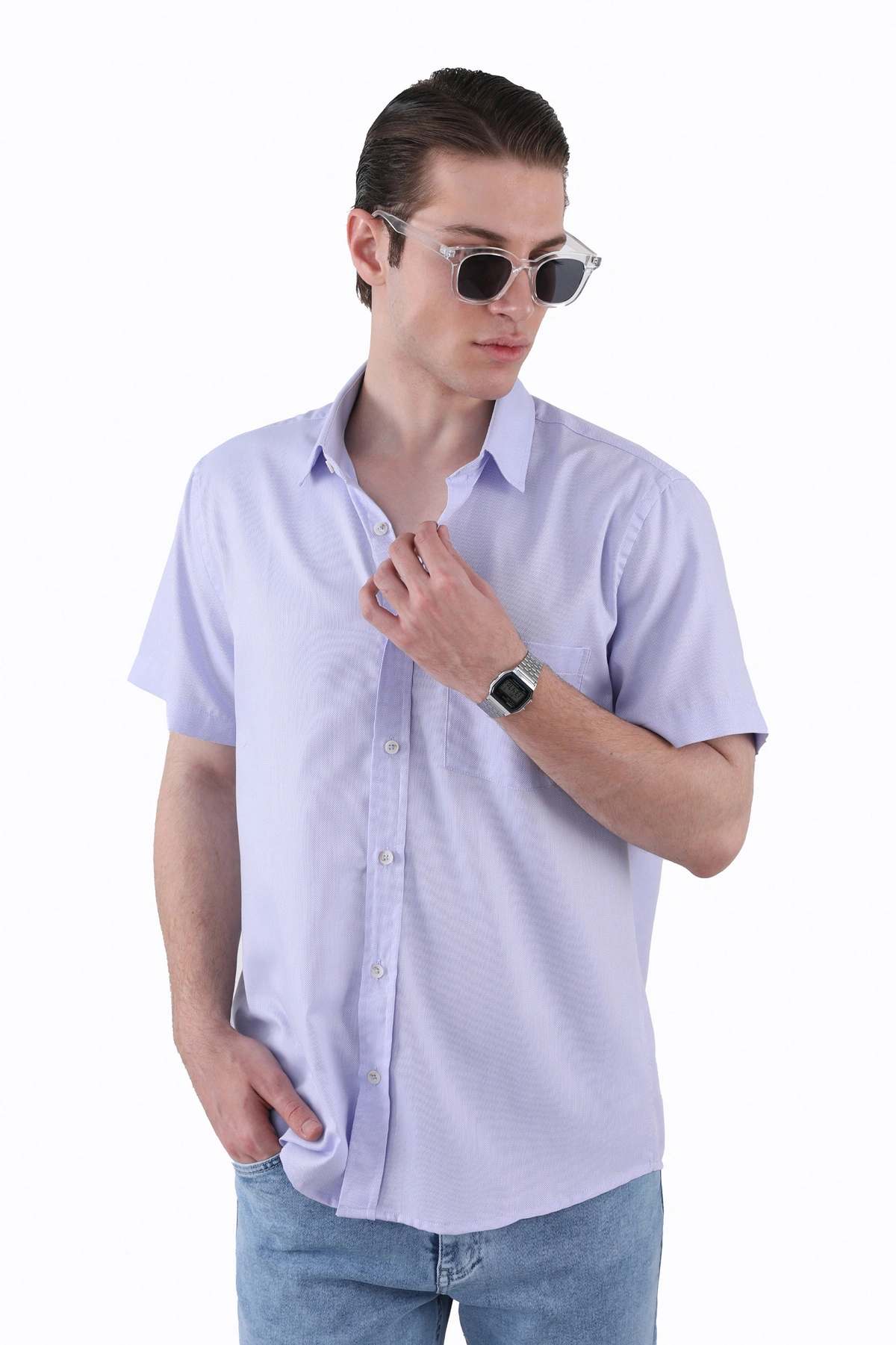 پیراهن آستین کوتاه مردانه رگولار ، بافت آکسفورد، مناسب استفاده روزمره و مهمانی اداری.