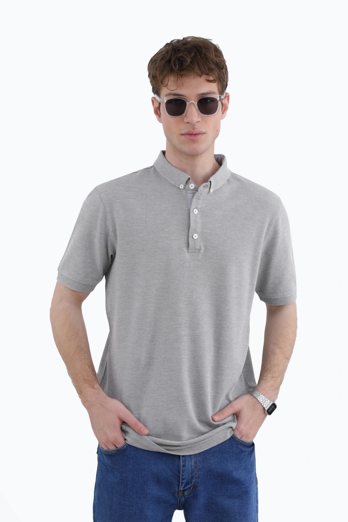 خرید جدید ترین پولوشرت آستین کوتاه مردانه رنگ طوسی روشن یقه برگردان ، ارسال سریع و رایگان.