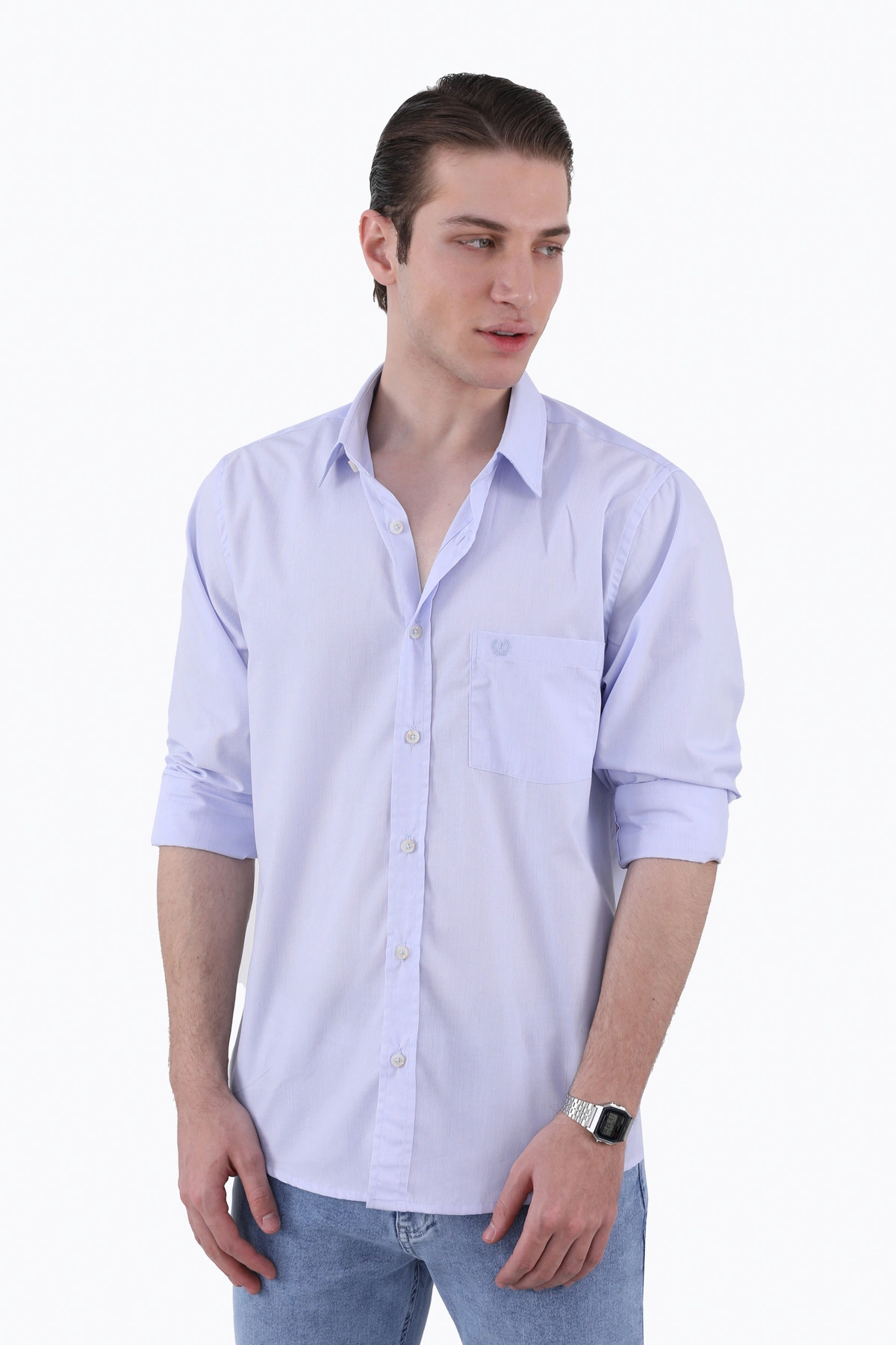 پیراهن آستین بلند مردانه رگولار ،راه راه ریز ، تک جیب با گلدوزی ،مناسب استفاده روزمره و مهمانی اداری