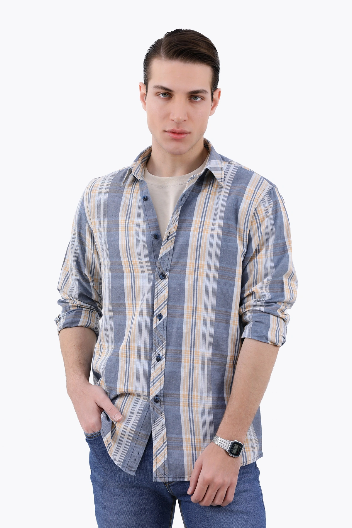 پیراهن آستین بلند مردانه طرح چهارخانه نارنجی آبی ، خرید پیراهن مردانه طرح دار ارسال سریع و رایگان. 
