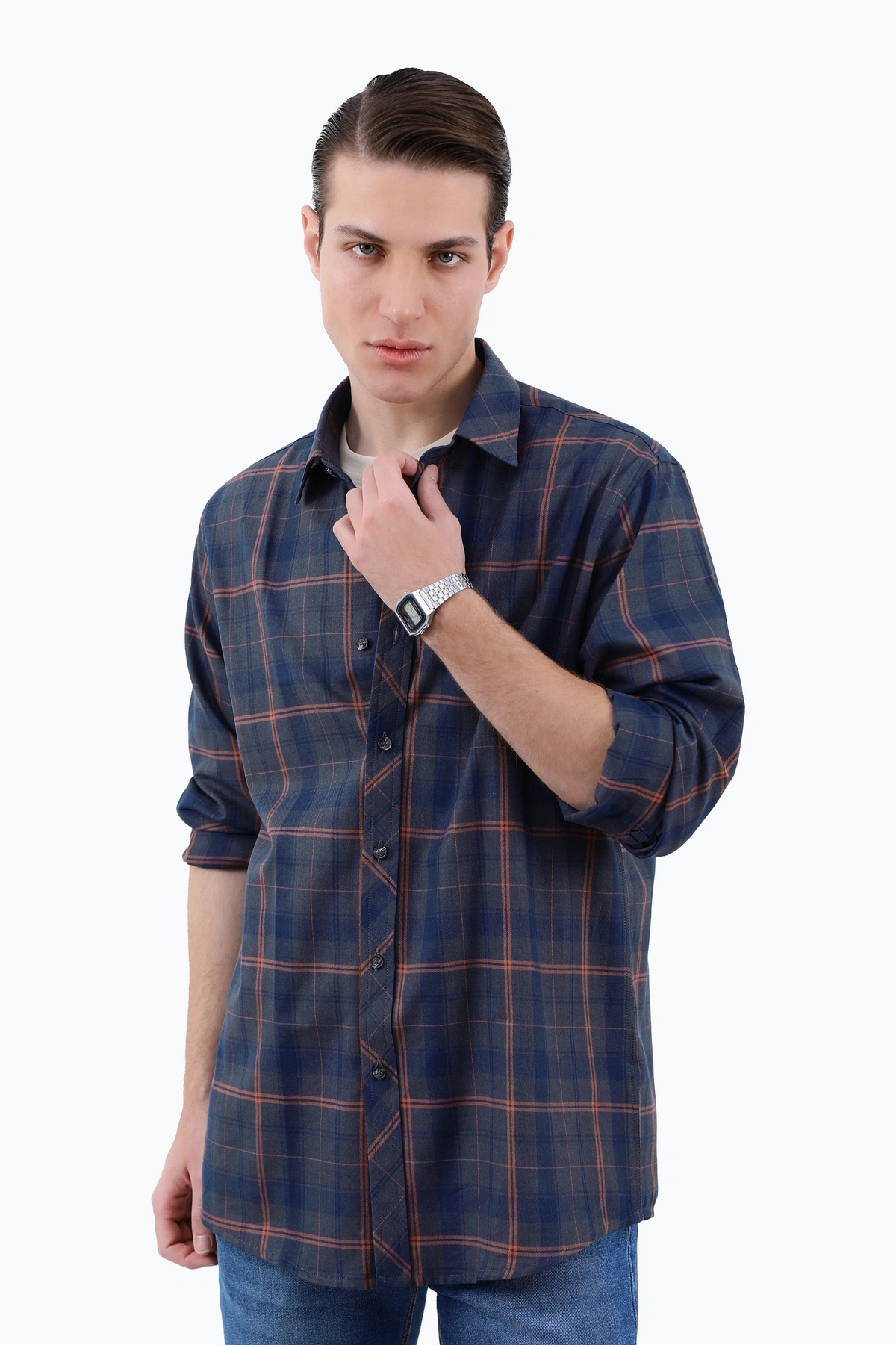 پیراهن آستین بلند مردانه طرح چهارخانه طوسی سیر ، خرید پیراهن مردانه طرح دار ارسال سریع و رایگان. 