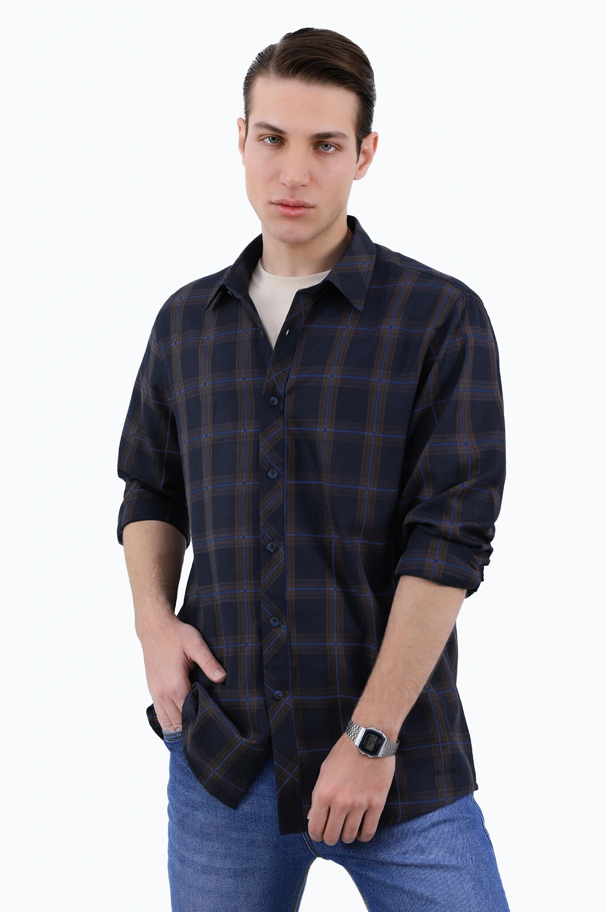 پیراهن آستین بلند مردانه طرح چهارخانه سرمه ای ، خرید پیراهن مردانه طرح دار ارسال سریع و رایگان. 