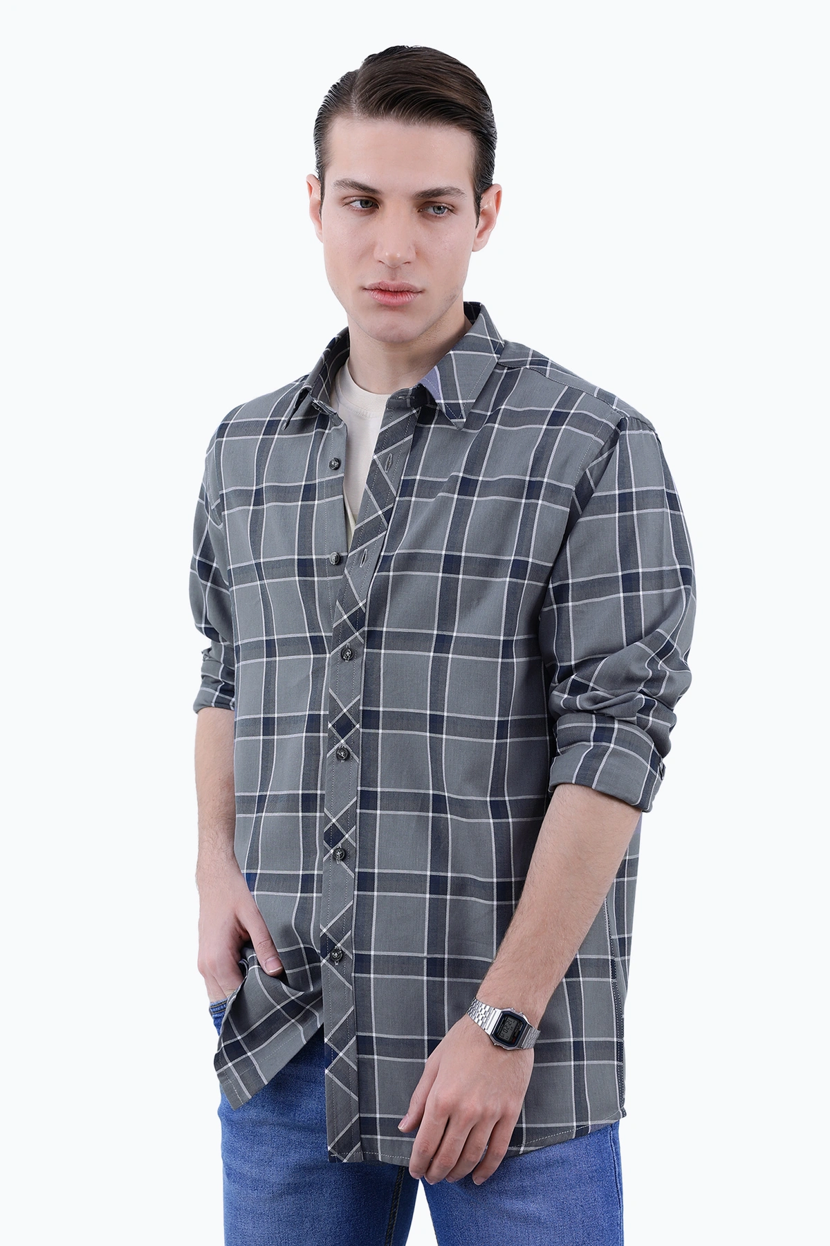 پیراهن آستین بلند مردانه طرح چهارخانه طوسی ، خرید پیراهن مردانه طرح دار ارسال سریع و رایگان. 