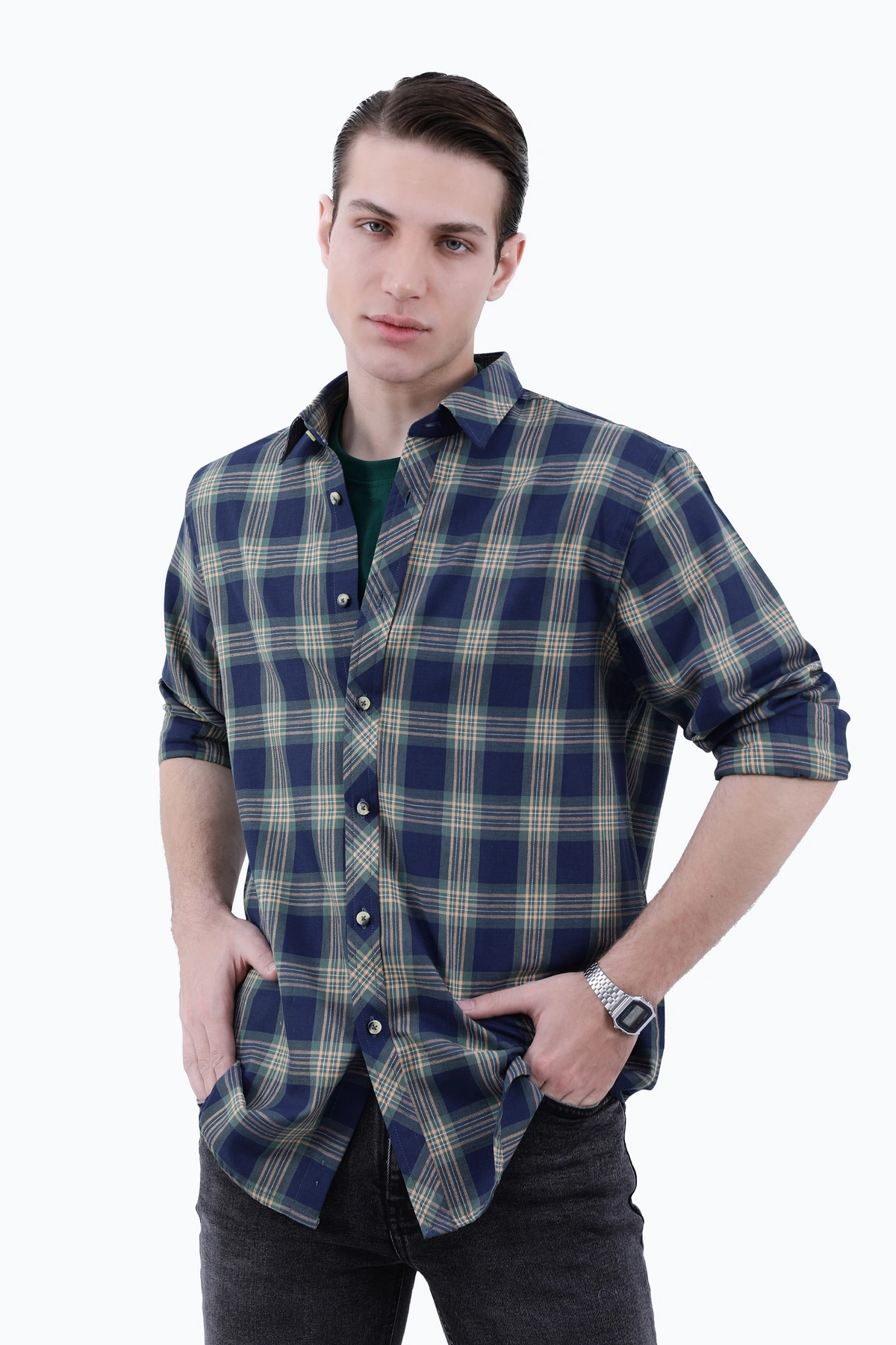 پیراهن آستین بلند مردانه طرح چهارخانه سرمه ای ، خرید پیراهن مردانه طرح دار ارسال سریع و رایگان. 