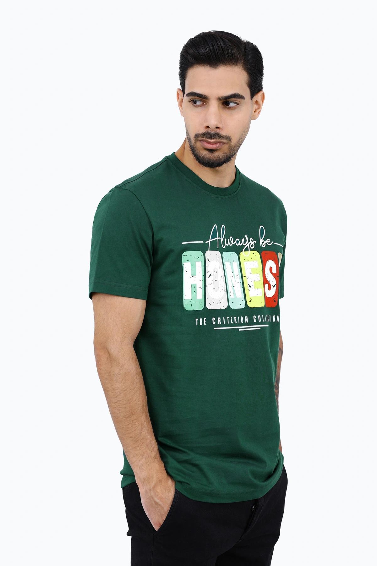  خرید تی شرت آستین کوتاه مردانه چاپدار رنگ سبز تیره چاپدار ، تیشرت یقه گرد خرید و ارسال رایگان. 