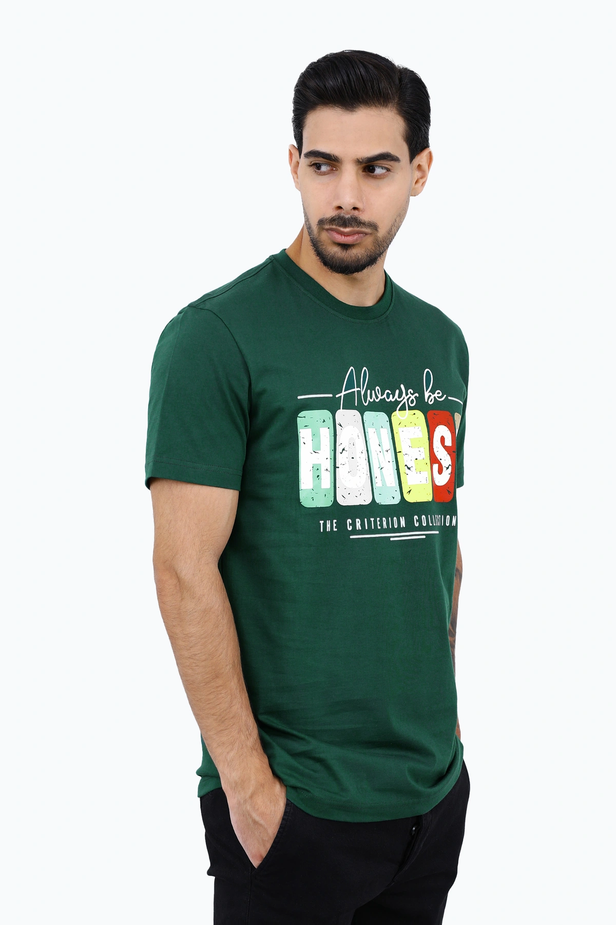  خرید تی شرت آستین کوتاه مردانه چاپدار رنگ سبز تیره چاپدار ، تیشرت یقه گرد خرید و ارسال رایگان. 