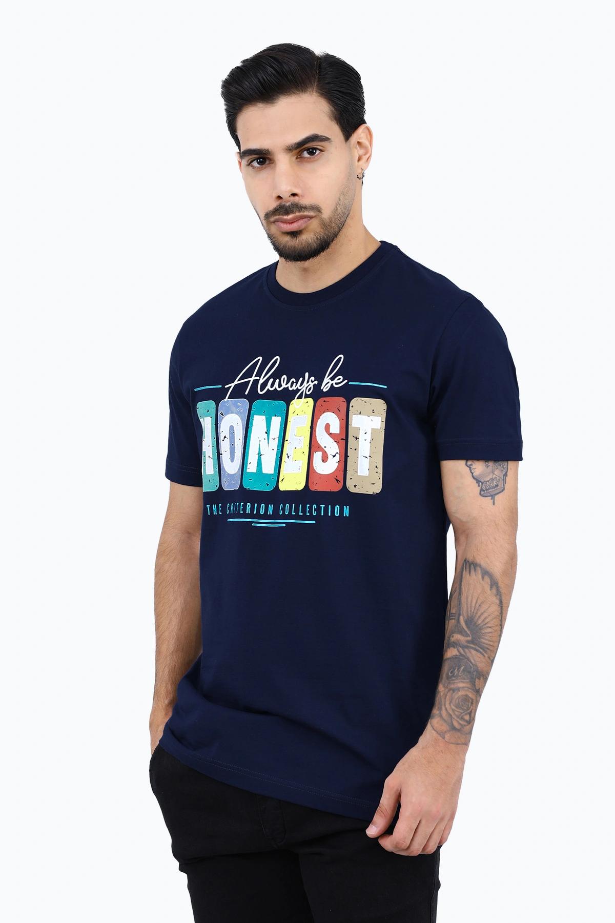  خرید تی شرت آستین کوتاه مردانه چاپدار رنگ سرمه ای چاپدار ، تیشرت یقه گرد خرید و ارسال رایگان. 