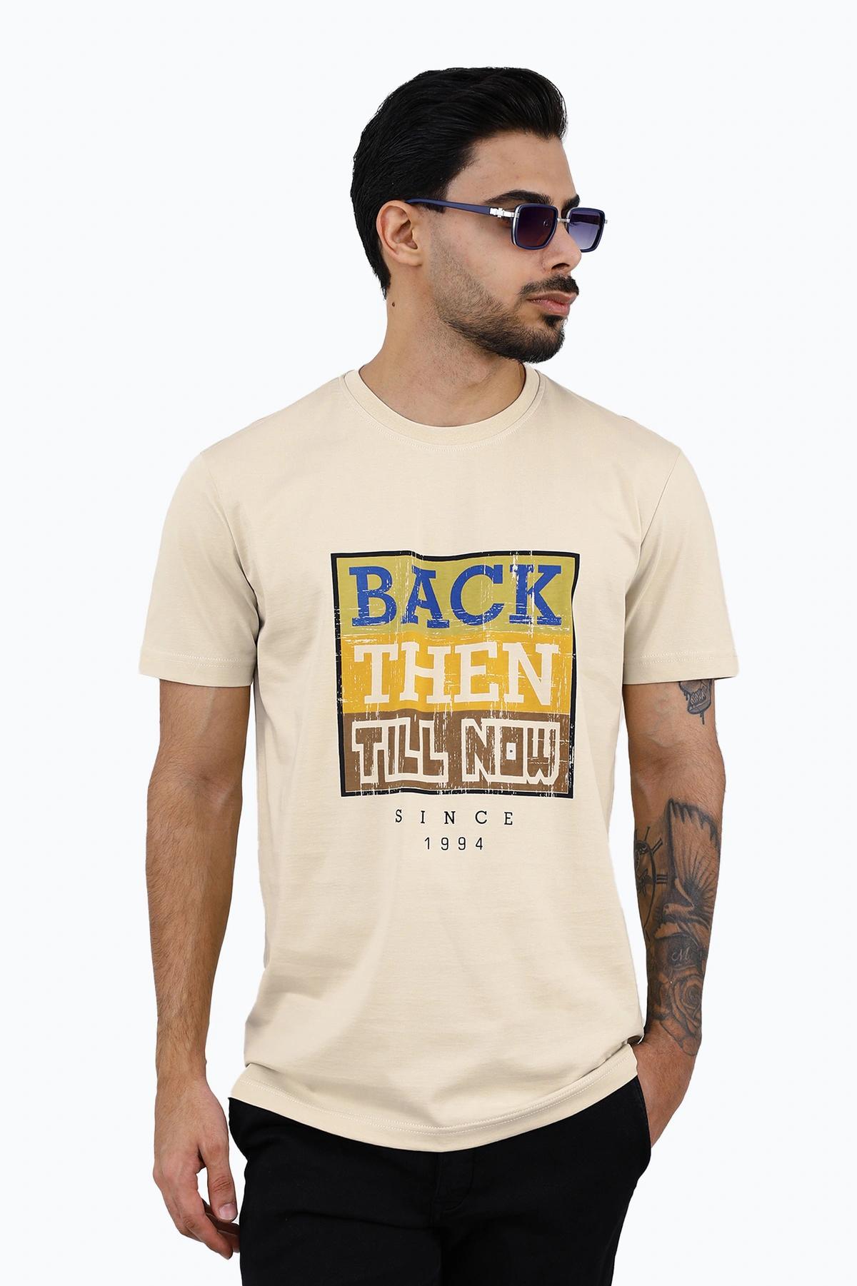  خرید تی شرت آستین کوتاه مردانه چاپدار رنگ کرم چاپدار ، تیشرت یقه گرد خرید و ارسال رایگان. 