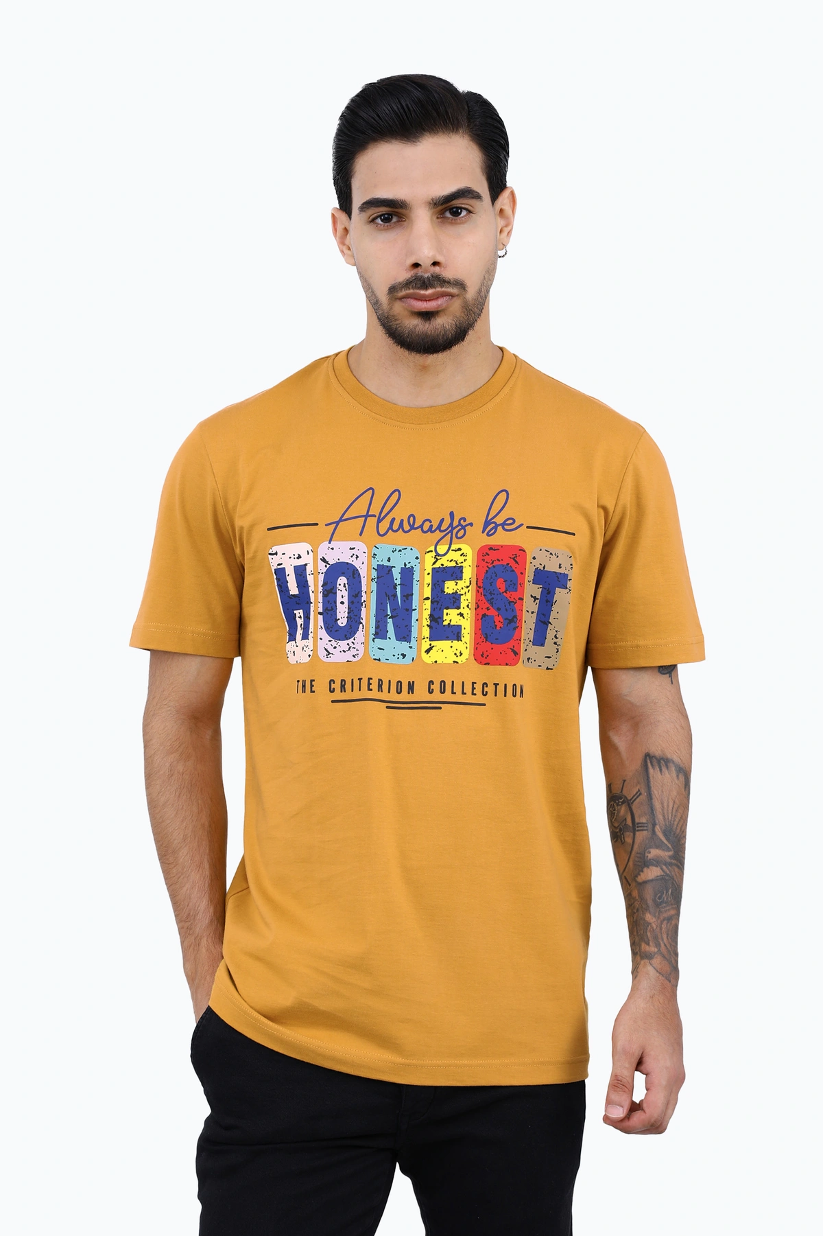  خرید تی شرت آستین کوتاه مردانه چاپدار رنگ خردلی چاپدار ، تیشرت بدون درز خرید و ارسال رایگان. 