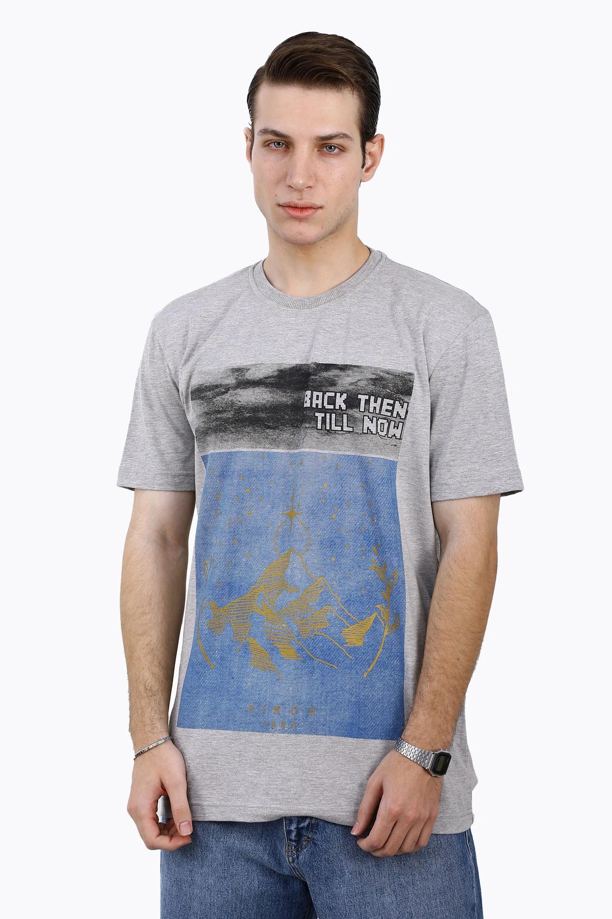   خرید تی شرت آستین کوتاه مردانه چاپدار ملانژ ، تیشرت یقه گرد خرید و ارسال رایگان. 