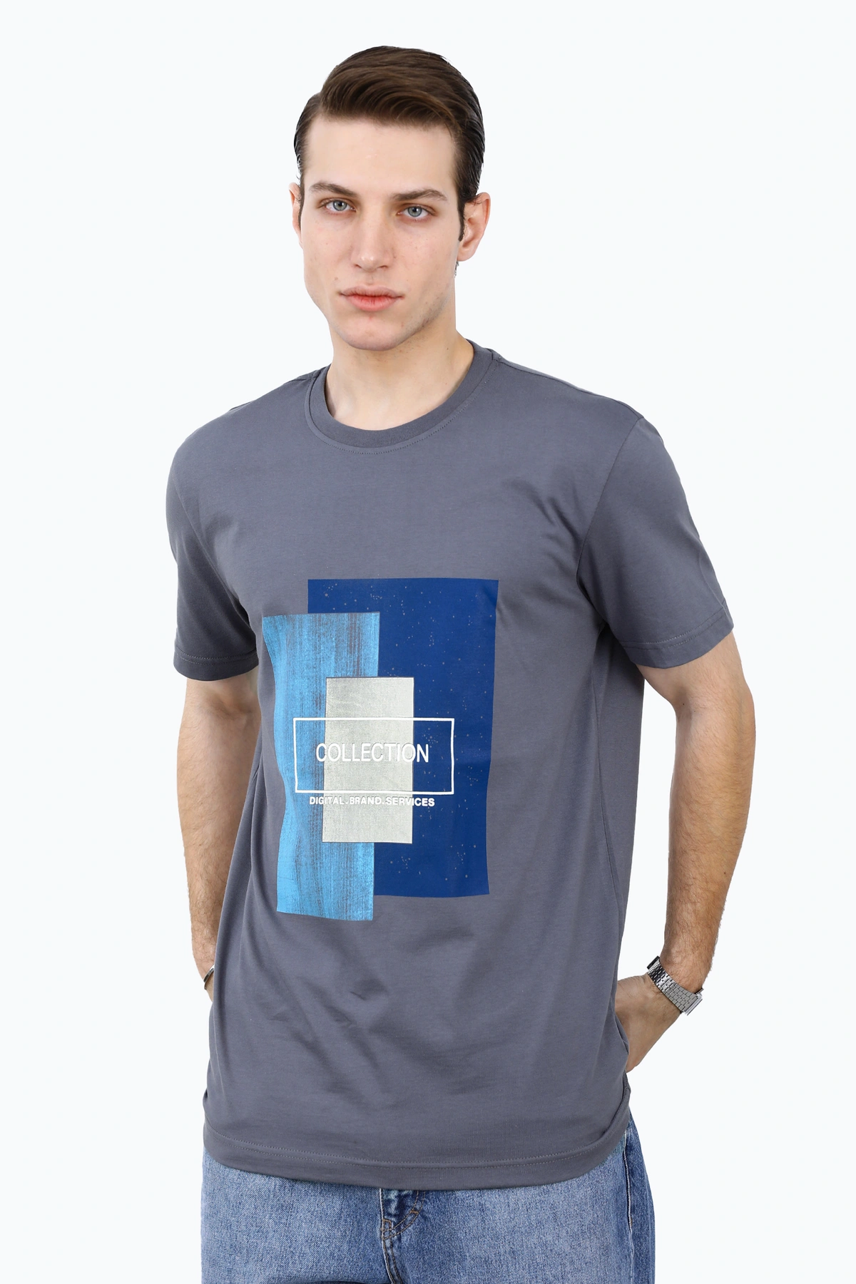   خرید تی شرت آستین کوتاه مردانه چاپدار رنگ طوسی ، تیشرت یقه گرد خرید و ارسال رایگان. 