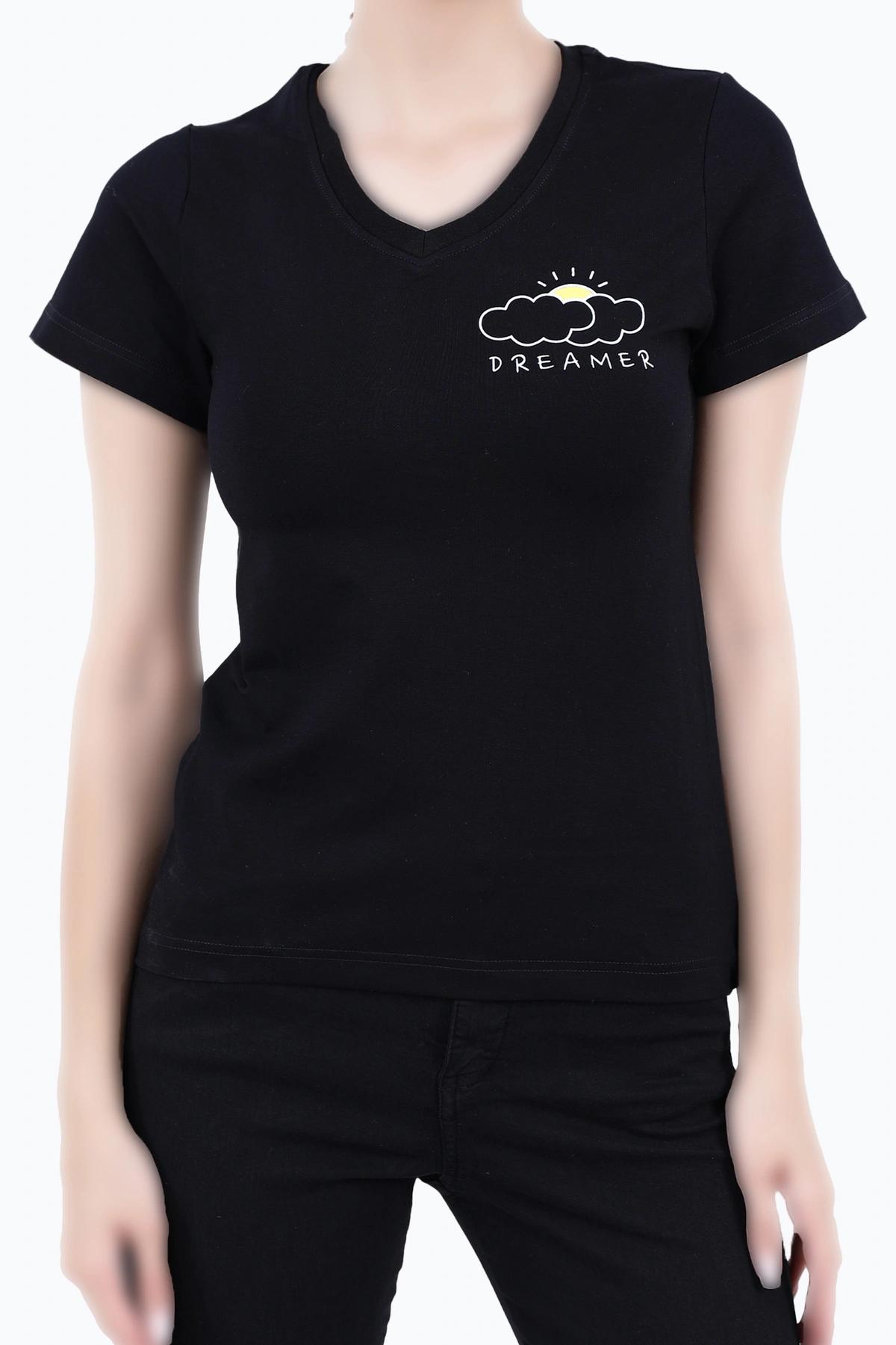 خرید تیشرت زنانه یقه گرد آستین کوتاه طرح دار ، رنگ مشکی مدل جذب تولید برند پاتن جامه.