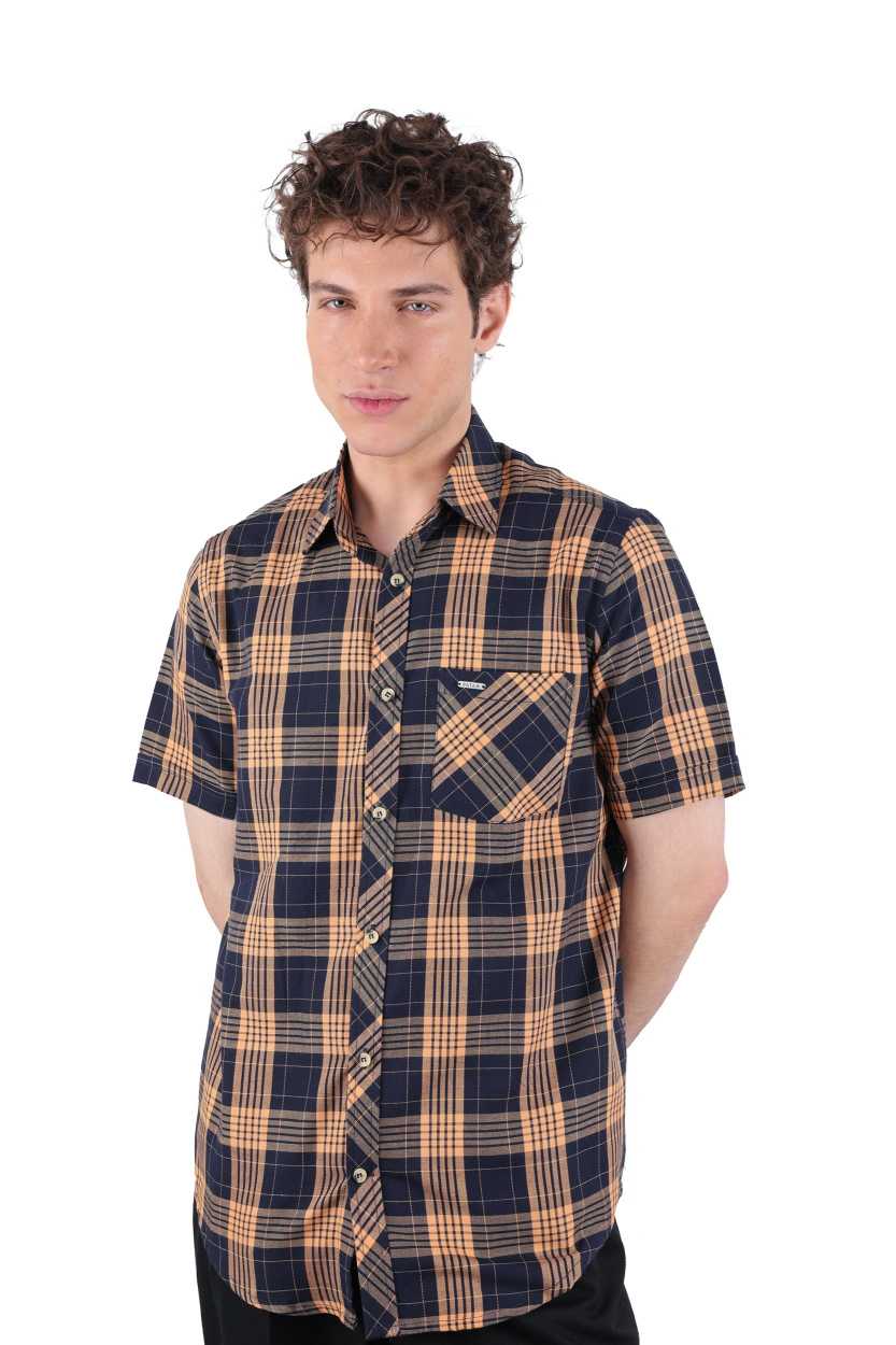 پیراهن آستین کوتاه کلاسیک مردانه طرح چهارخانه سرمه ای و نارنجی