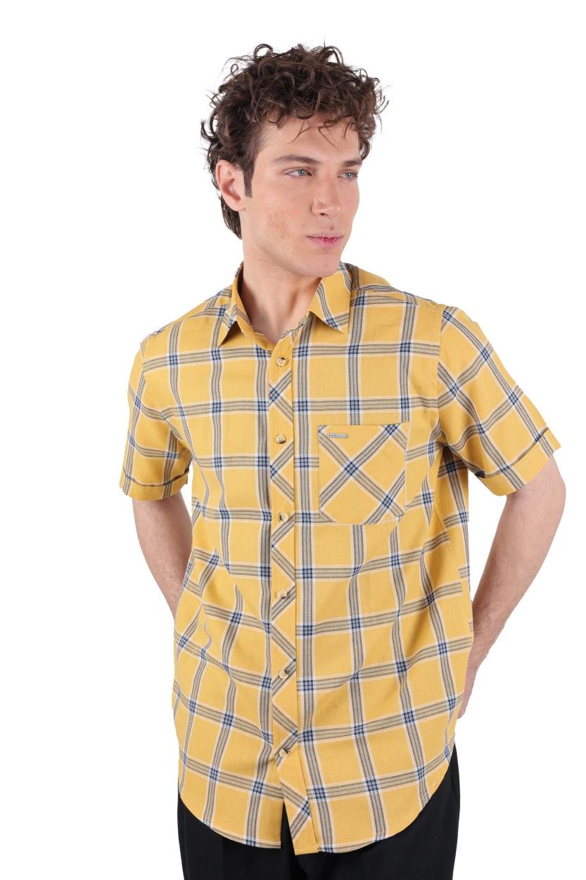 پیراهن آستین کوتاه کلاسیک مردانه طرح چهارخانه زرد