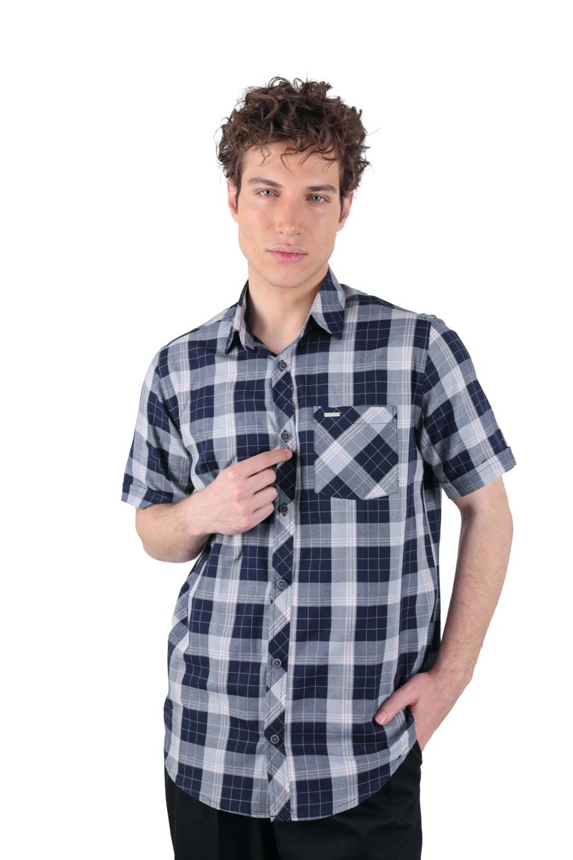 پیراهن آستین کوتاه کلاسیک مردانه طرح چهارخانه سرمه ای و طوسی