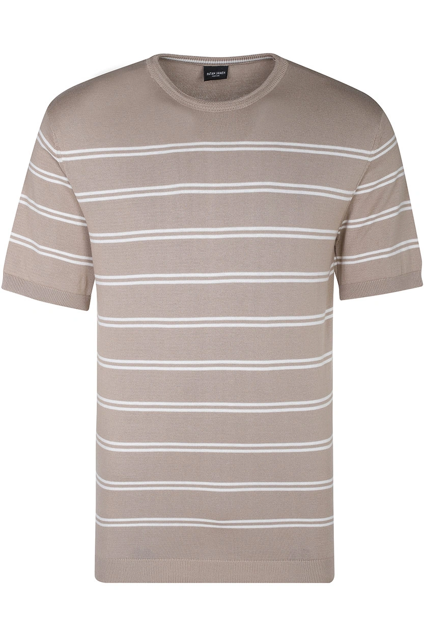 تیشرت بافت یقه گرد مردانه طرح راه راه رنگ نسکافه ای