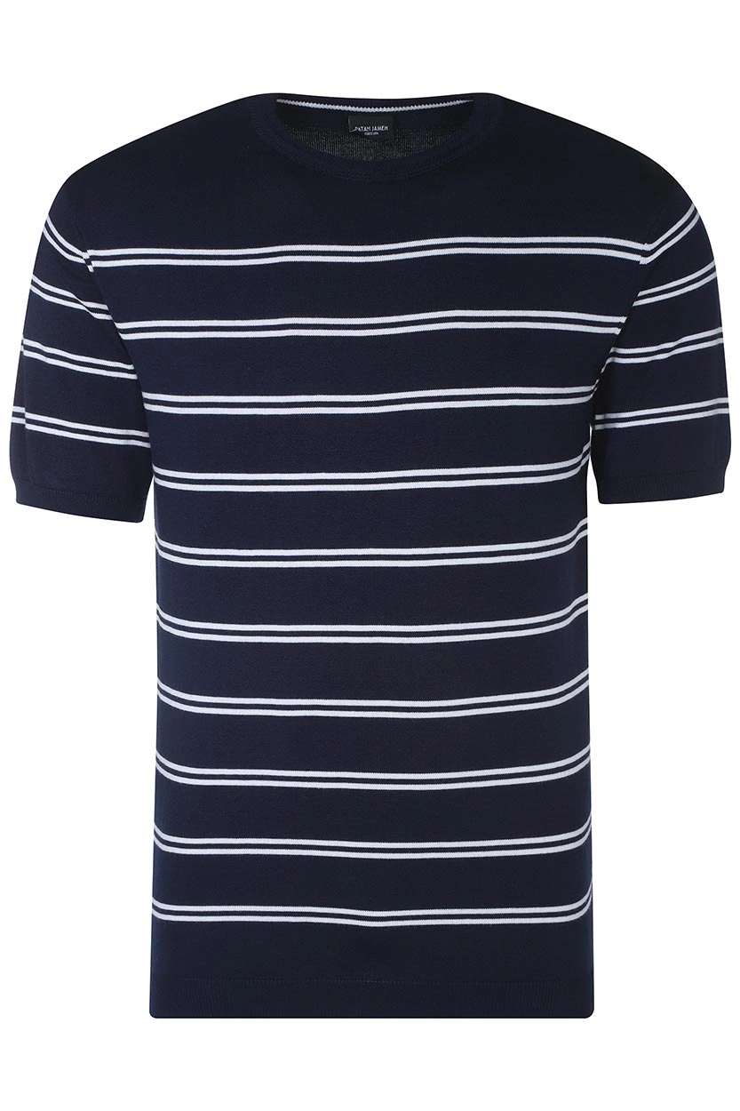 تیشرت بافت یقه گرد مردانه طرح راه راه رنگ سرمه ای