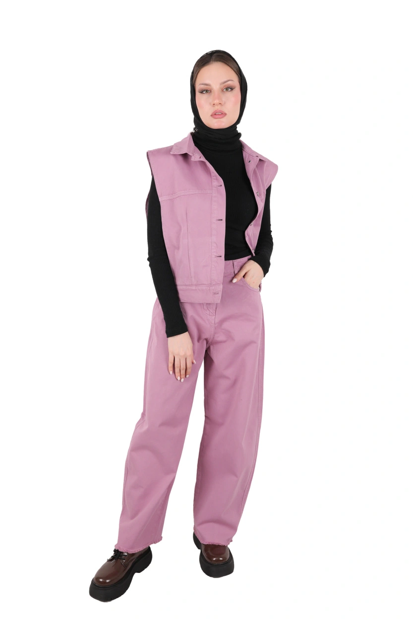 ست جلیقه و شلوار کتان زنانه رنگ صورتی