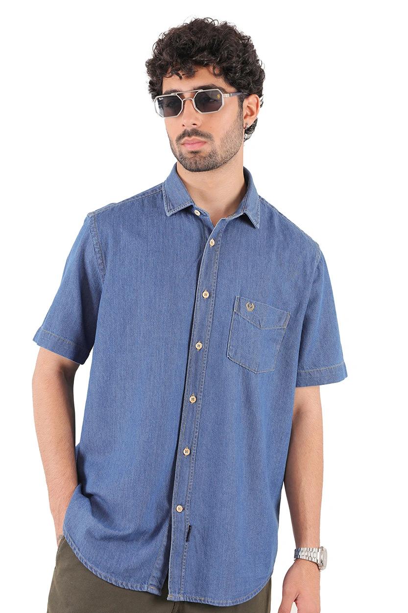 پیراهن آستین کوتاه یقه برگردان جین مردانه 