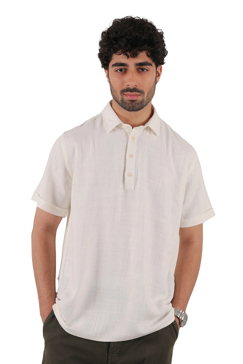 پیراهن آستین کوتاه یقه برگردان لینن مردانه رنگ شیری