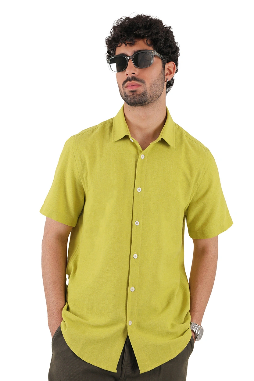 پیراهن آستین کوتاه یقه برگردان لینن مردانه رنگ سبز