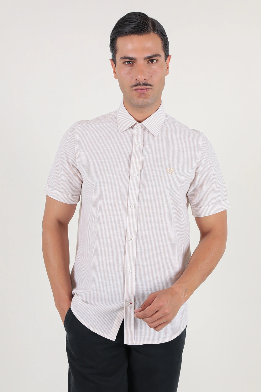 پیراهن نخی مردانه آستین کوتاه طرح راه راه رنگ کرم