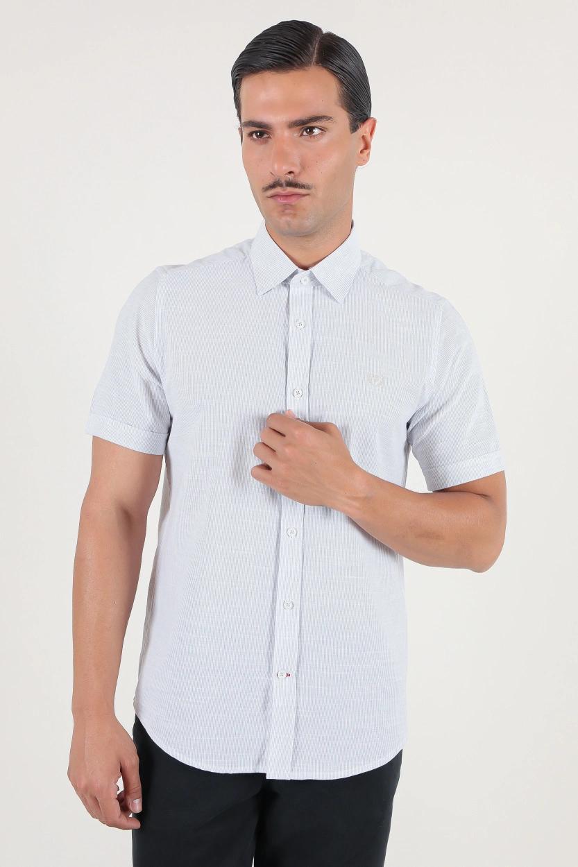 پیراهن نخی مردانه آستین کوتاه طرح راه راه