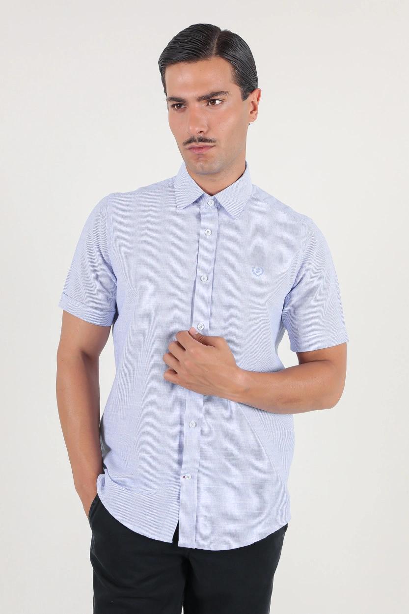 پیراهن نخی مردانه آستین کوتاه طرح راه راه رنگ آبی پرنگ