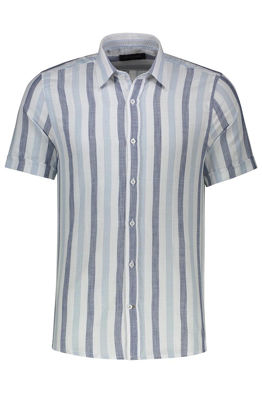 پیراهن آستین کوتاه مردانه نخی طرح راه راه سفید آبی