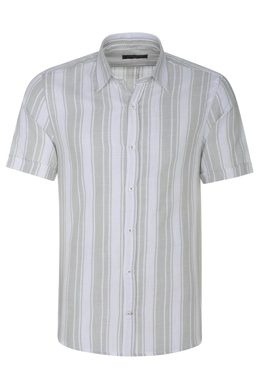 پیراهن آستین کوتاه مردانه نخی طرح راه راه سفید سبز روشن