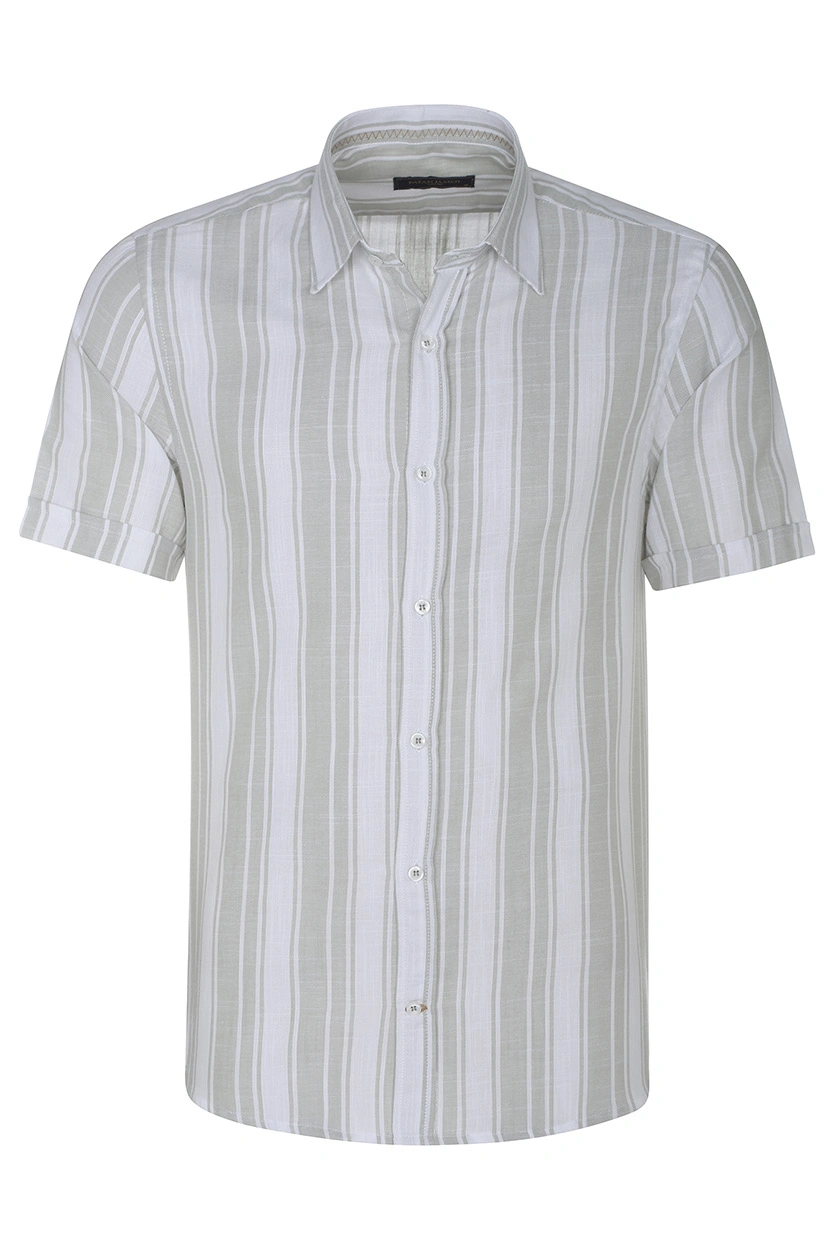 پیراهن آستین کوتاه مردانه نخی طرح راه راه سفید سبز روشن