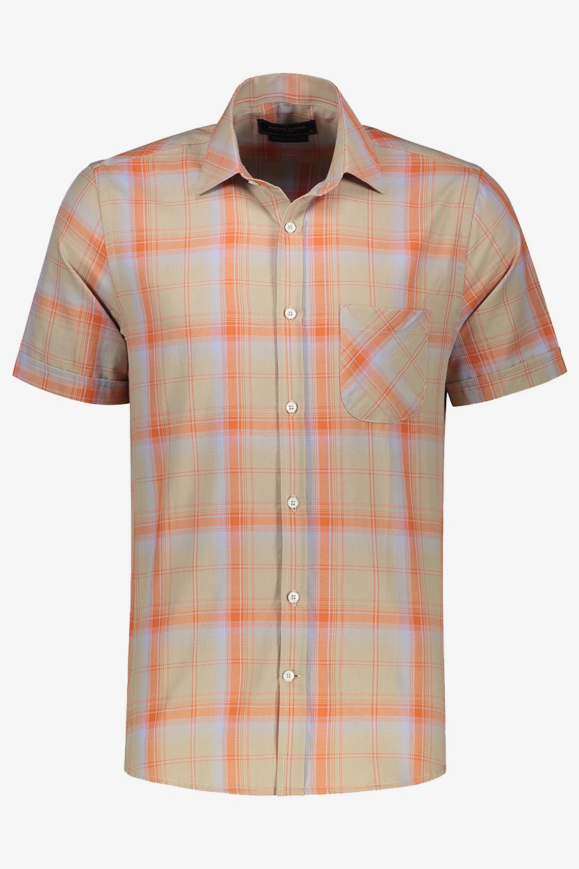 پیراهن آستین کوتاه نخی مردانه طرح چهارخانه رنگ نارنجی و قهوه ای