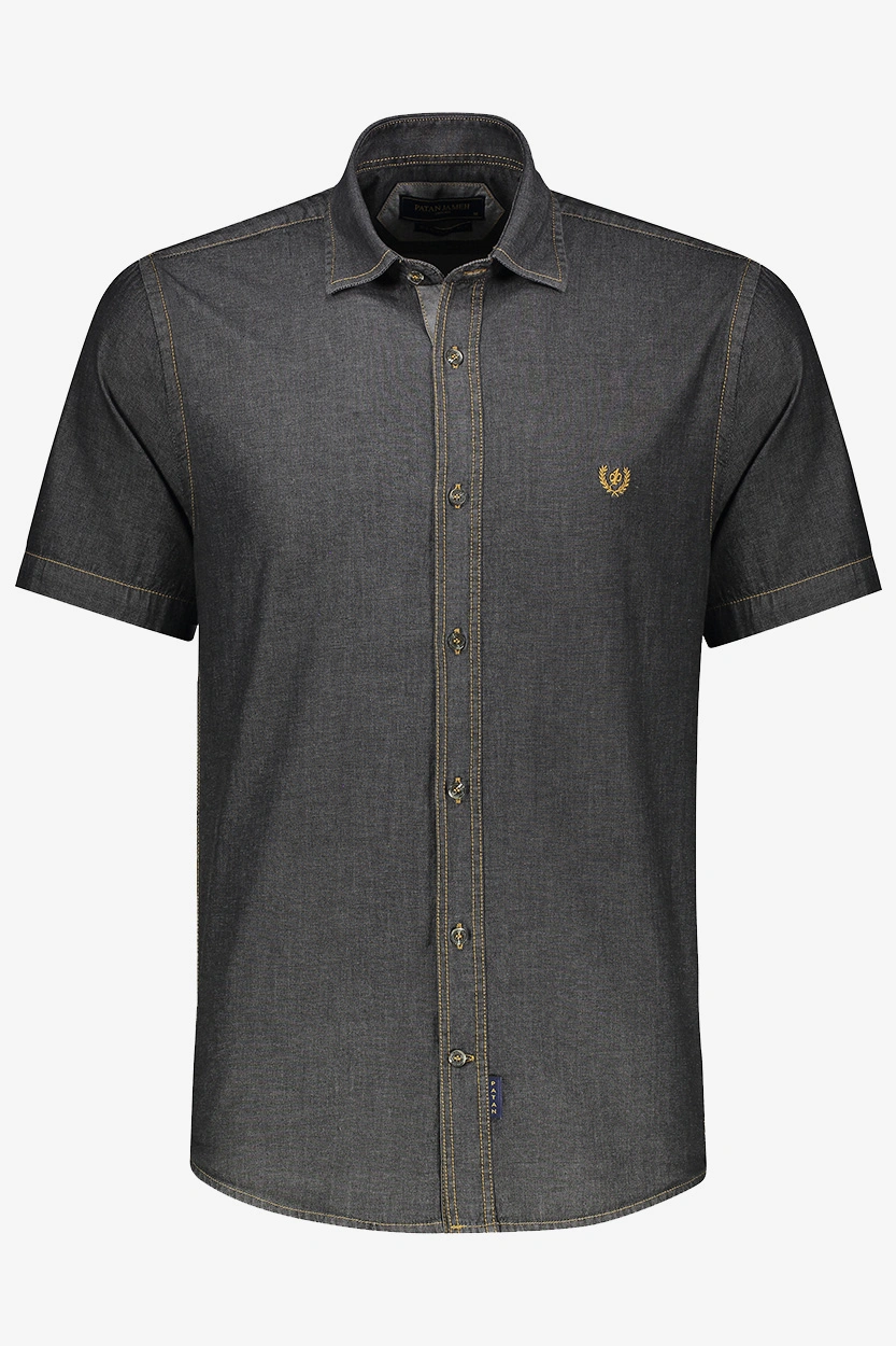 پیراهن جین یقه برگردان رنگ ذغالی با دوخت طلایی