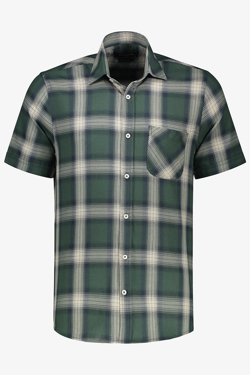 پیراهن آستین کوتاه نخی مردانه طرح چهارخانه رنگ سبز