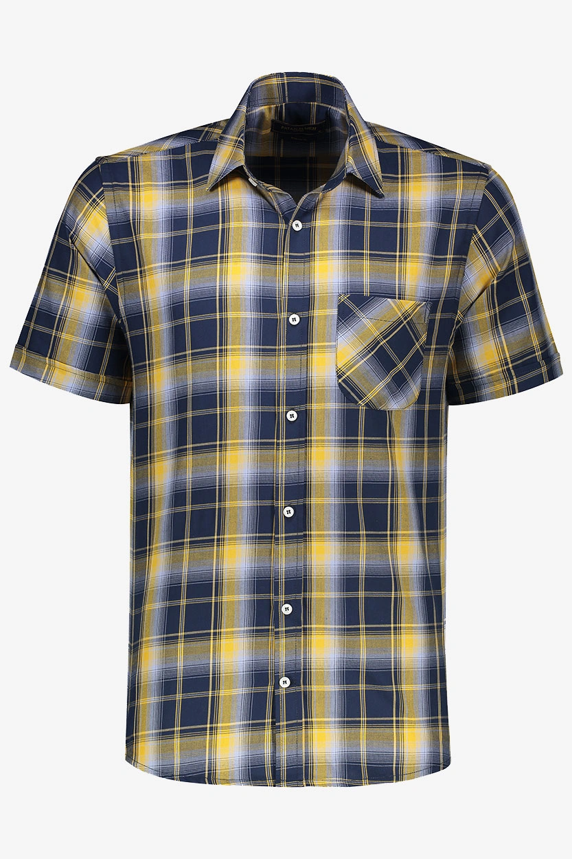 پیراهن آستین کوتاه نخی مردانه طرح چهارخانه رنگ سرمه ای و نارنجی