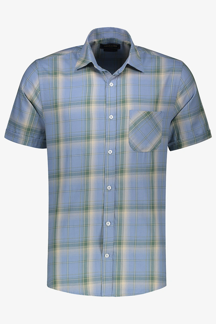 پیراهن آستین کوتاه نخی مردانه طرح چهارخانه رنگ آبی روشن