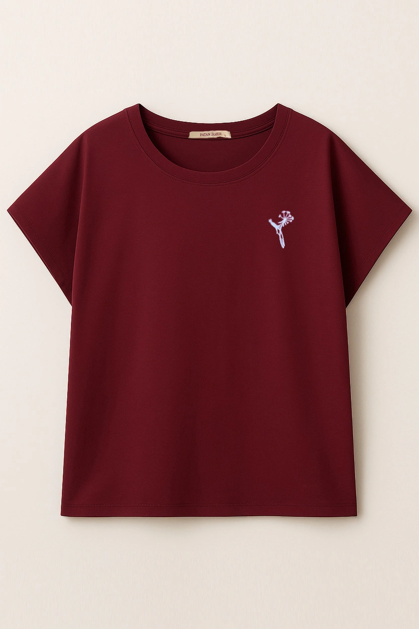 تیشرت کیمونو گلدوزی شده زنانه رنگ زرشکی