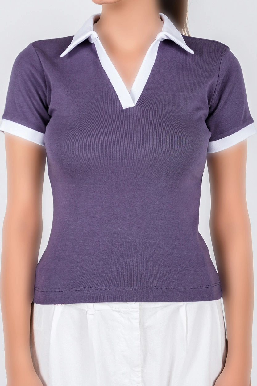 تیشرت آستین کوتاه یقه دار زنانه رنگ بنفش
