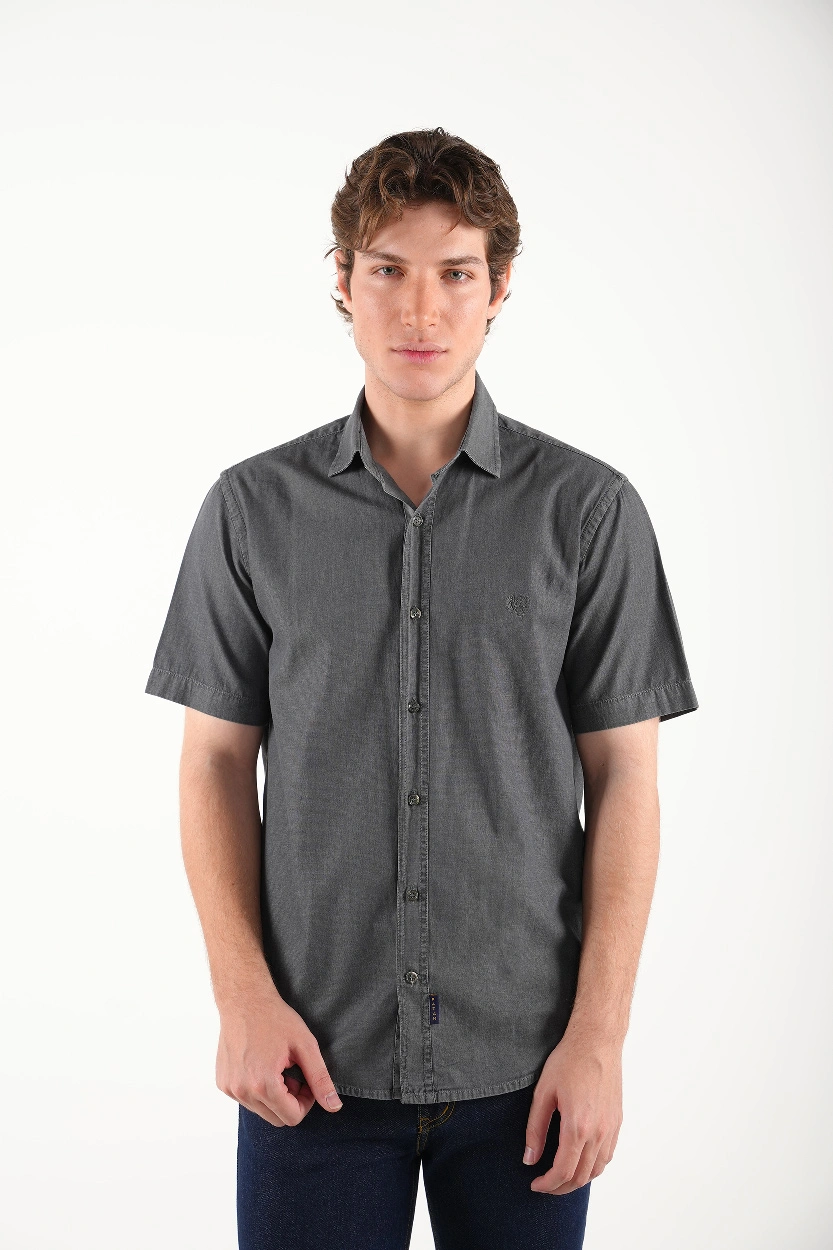 پیراهن آستین کوتاه مردانه جین طوسی روشن