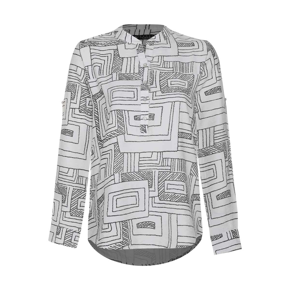 شومیز زنانه یقه فرنچ طرح دار طوسی سفید آستین بلند قد 70 سانتیمتر پارچه پلی استر ساخت ایران تولید پات